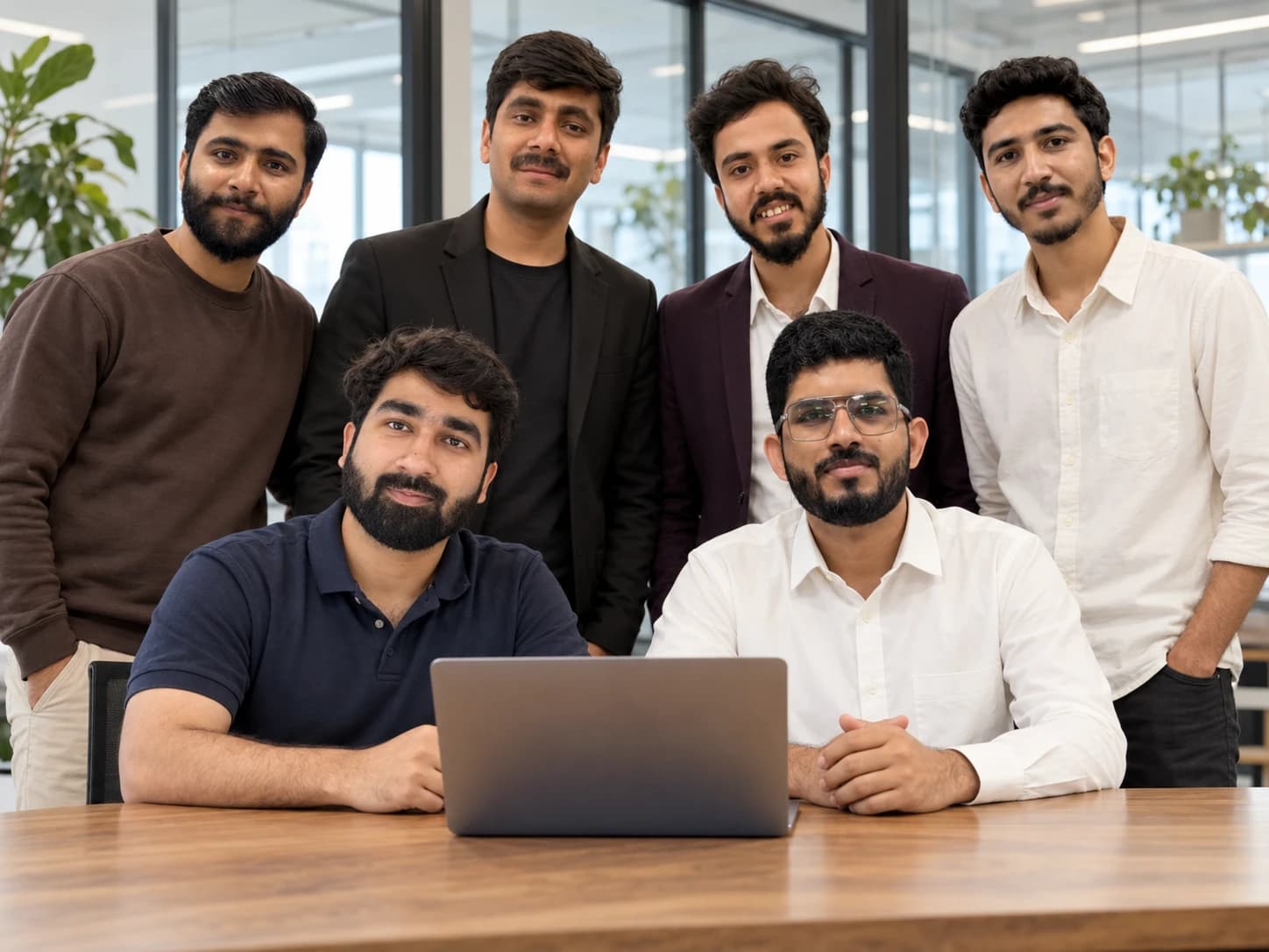 The six-person TkTurners team together in the office, with two colleagues seated at a laptop.