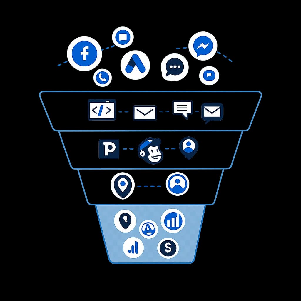 Automation funnel showing lead capture, nurture, routing, and reporting