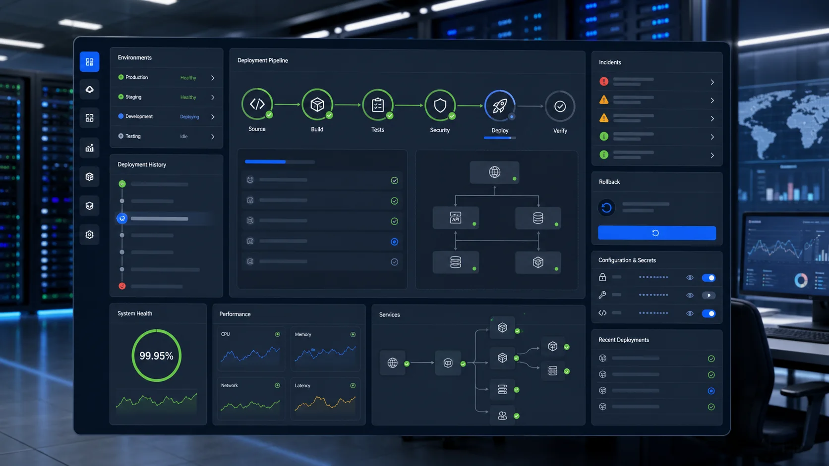 Cloud and DevOps reliability hub showing deployment pipeline, monitoring, incidents, rollback, and environment panels