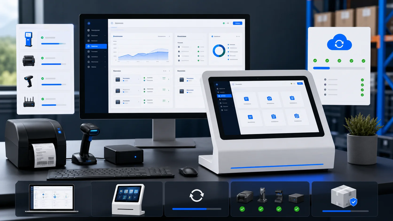 Desktop and kiosk device lab showing a kiosk app, desktop console, device sync, and hardware status panels
