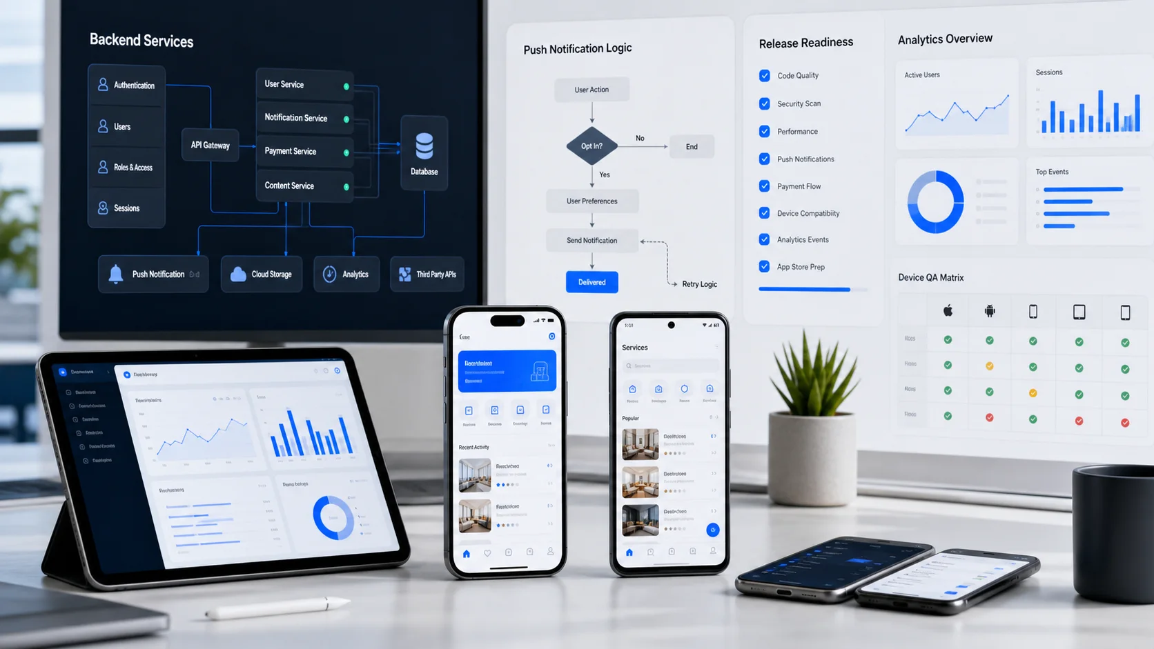 Mobile app delivery lab showing app screens, backend services, and release readiness panels