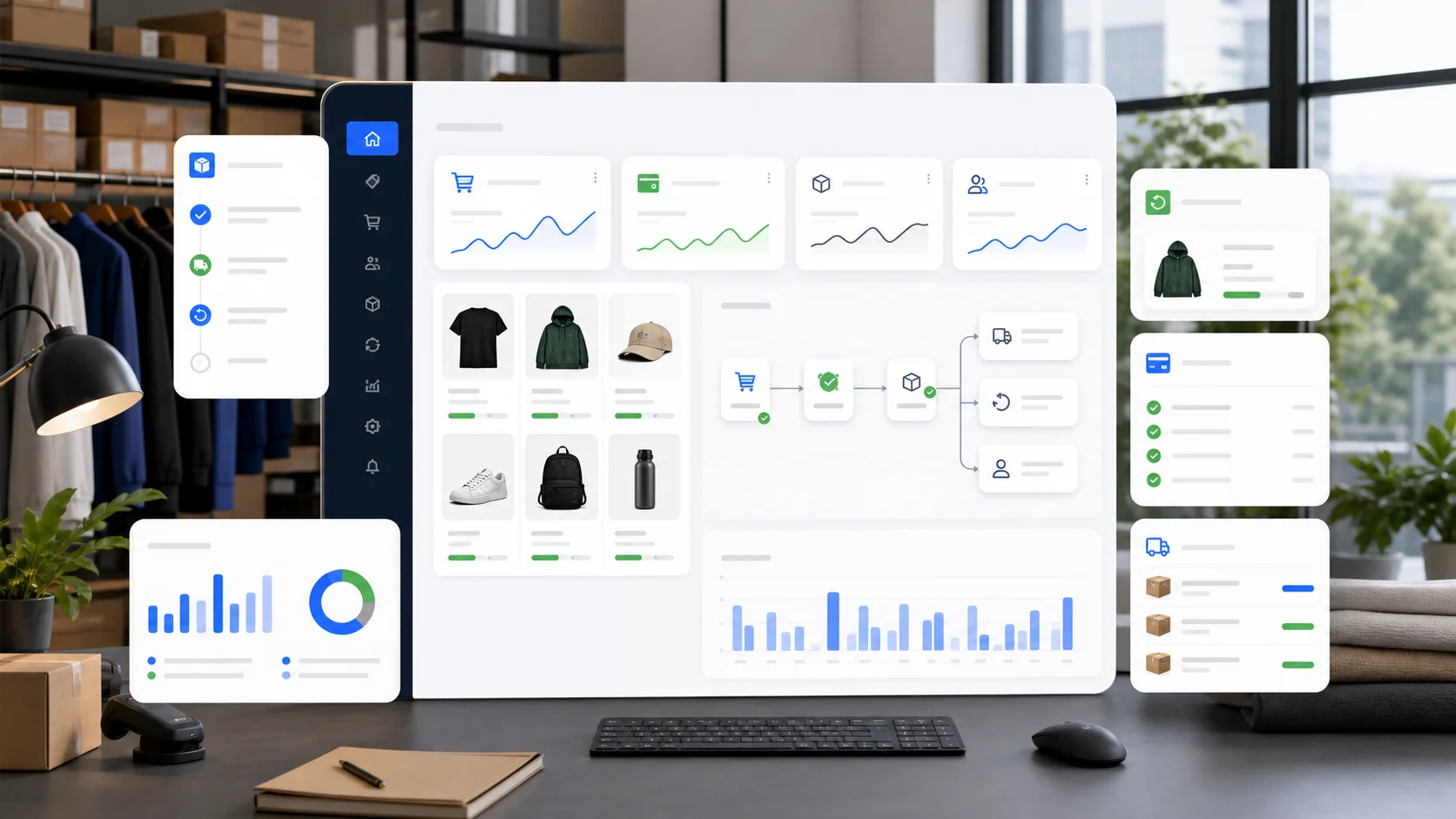 Commerce operations lab showing product catalog, order, returns, fulfillment, and reporting workflows