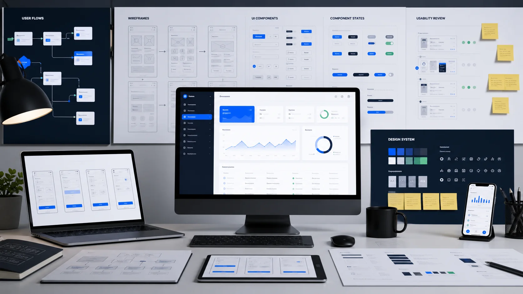 UI and UX product design studio showing user flows, wireframes, component states, and handoff surfaces
