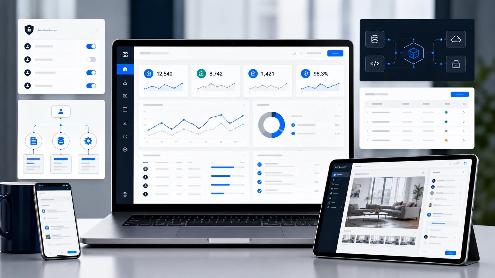 Web application delivery lab showing a dashboard, portal surfaces, and integration panels