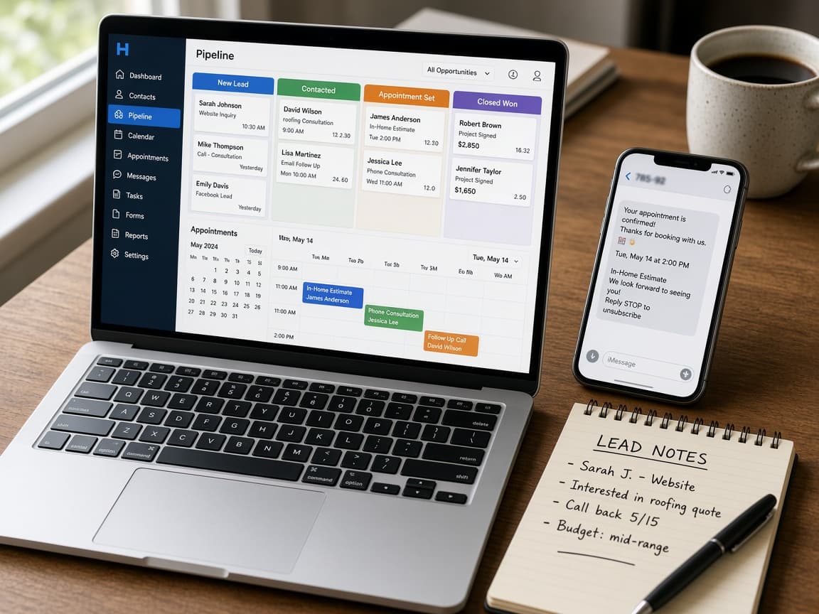 Service-business desk with laptop CRM pipeline and phone booking confirmation