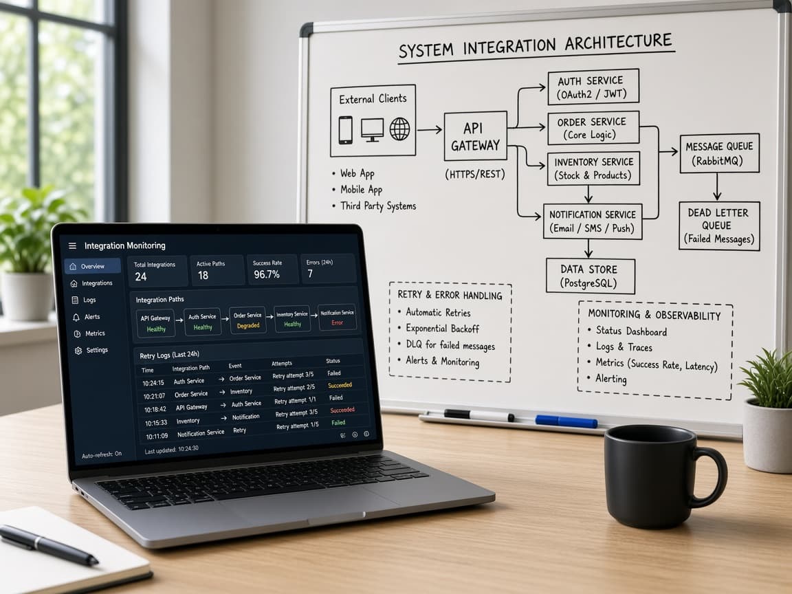 Laptop integration monitoring console beside a whiteboard system architecture diagram