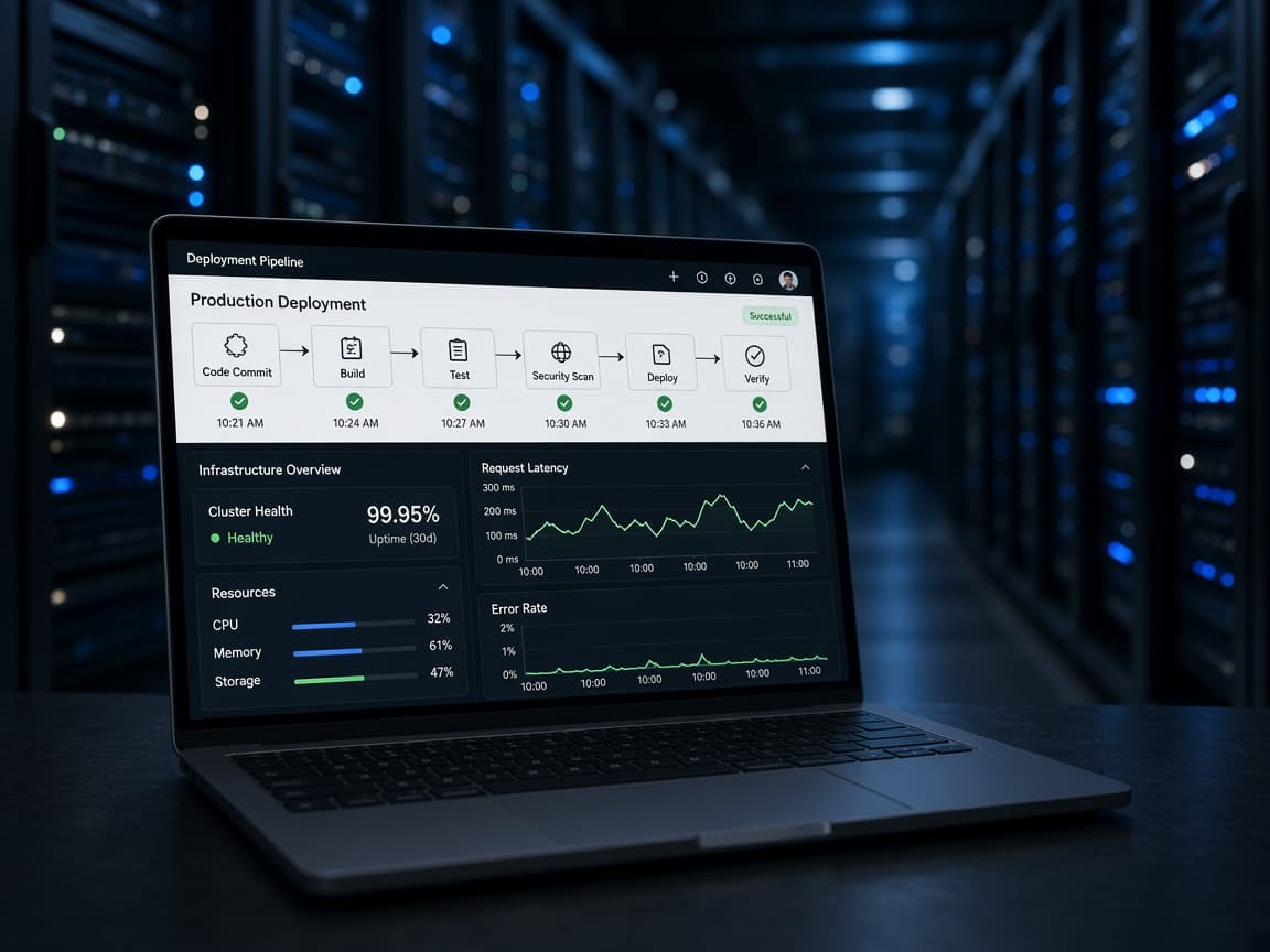 Laptop showing deployment pipelines with soft-blurred server racks behind