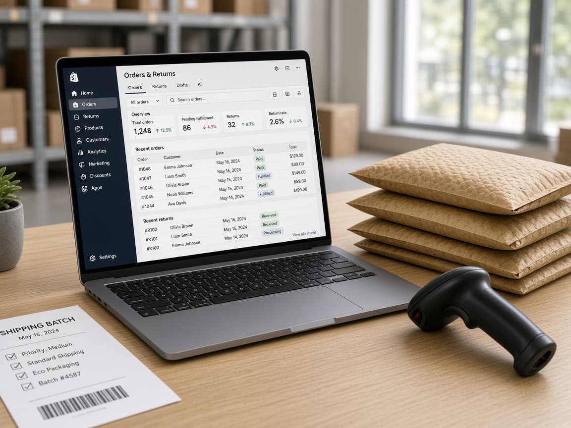 Ecommerce ops desk with orders dashboard, shipping mailers, and a barcode scanner