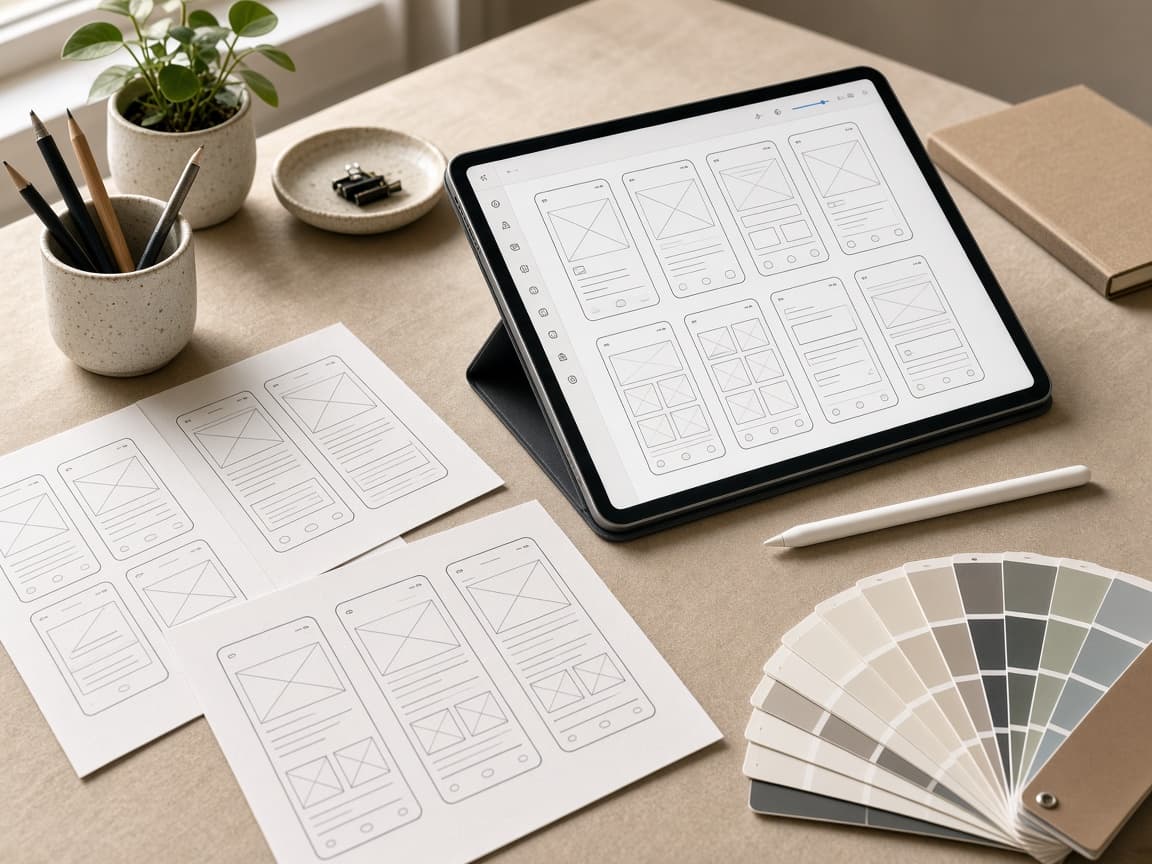 Design desk with tablet wireframes, paper prototypes, and color swatches