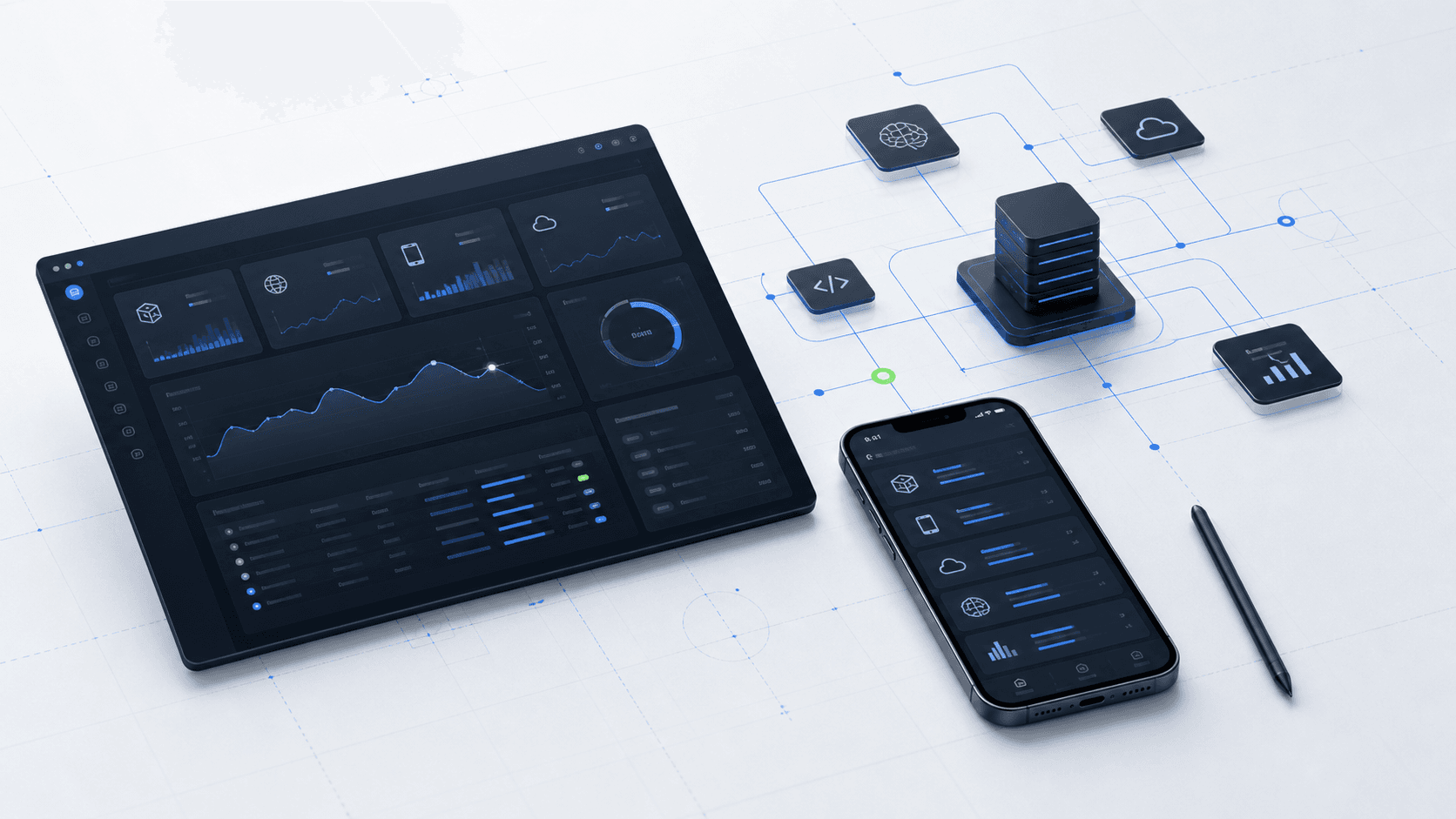 Generated product delivery control room showing web dashboard, mobile app, and connected system architecture