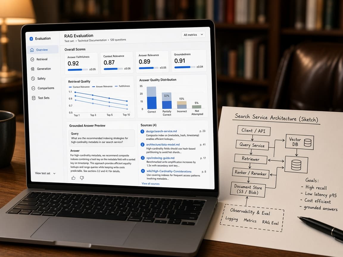 Laptop showing AI evaluation charts and grounded answer citations beside architecture sketches