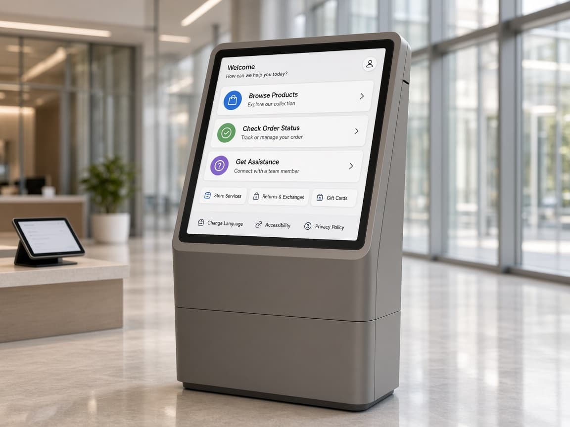 Touchscreen kiosk in a bright retail lobby showing a self-service interface