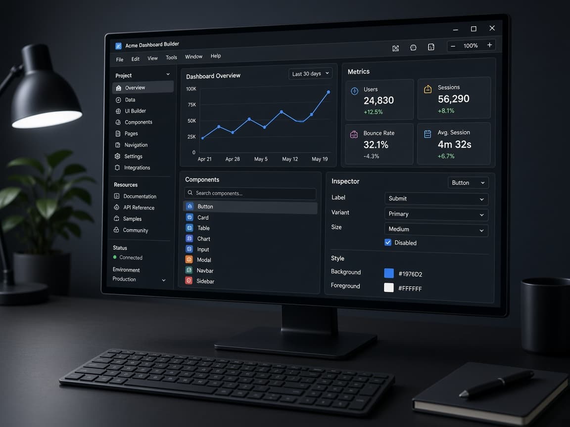 Large desktop monitor showing a native multi-panel desktop application