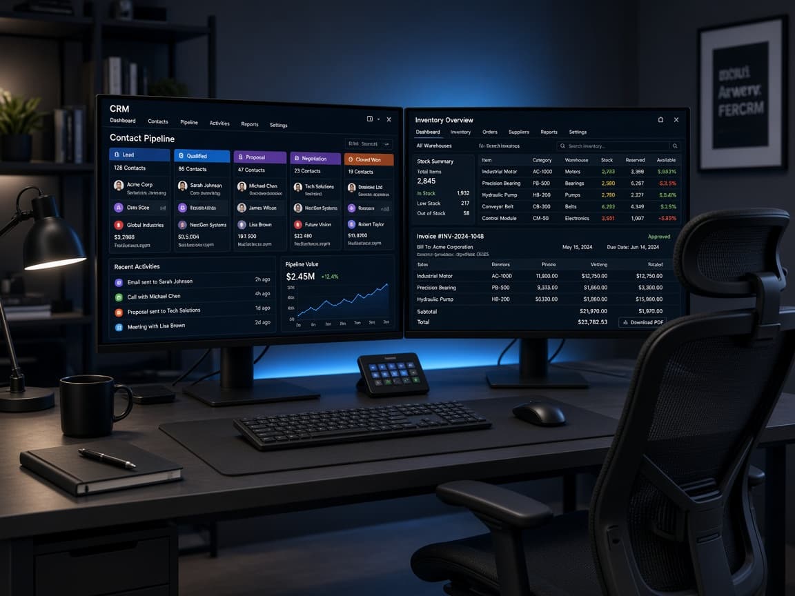 Dual monitors showing CRM pipeline and ERP inventory screens in an ops workspace