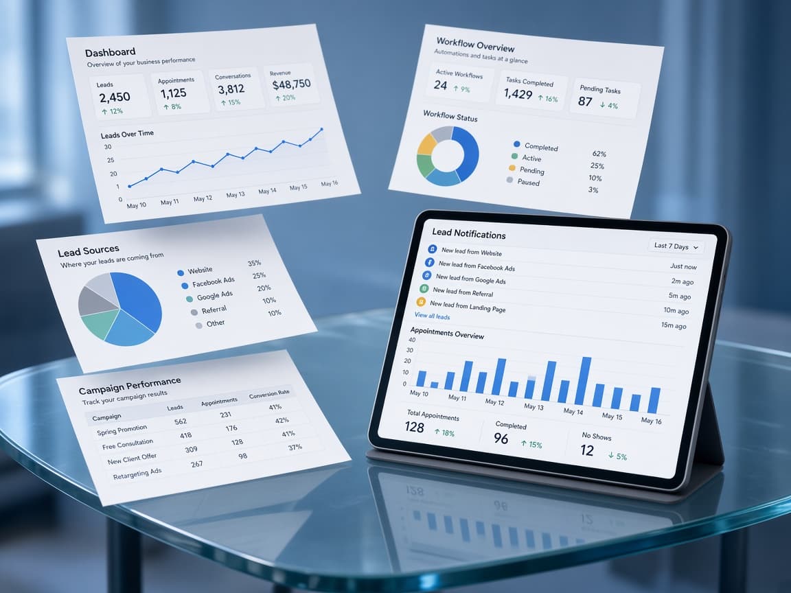 Glass desk with tablet lead notifications and printed dashboard sheets