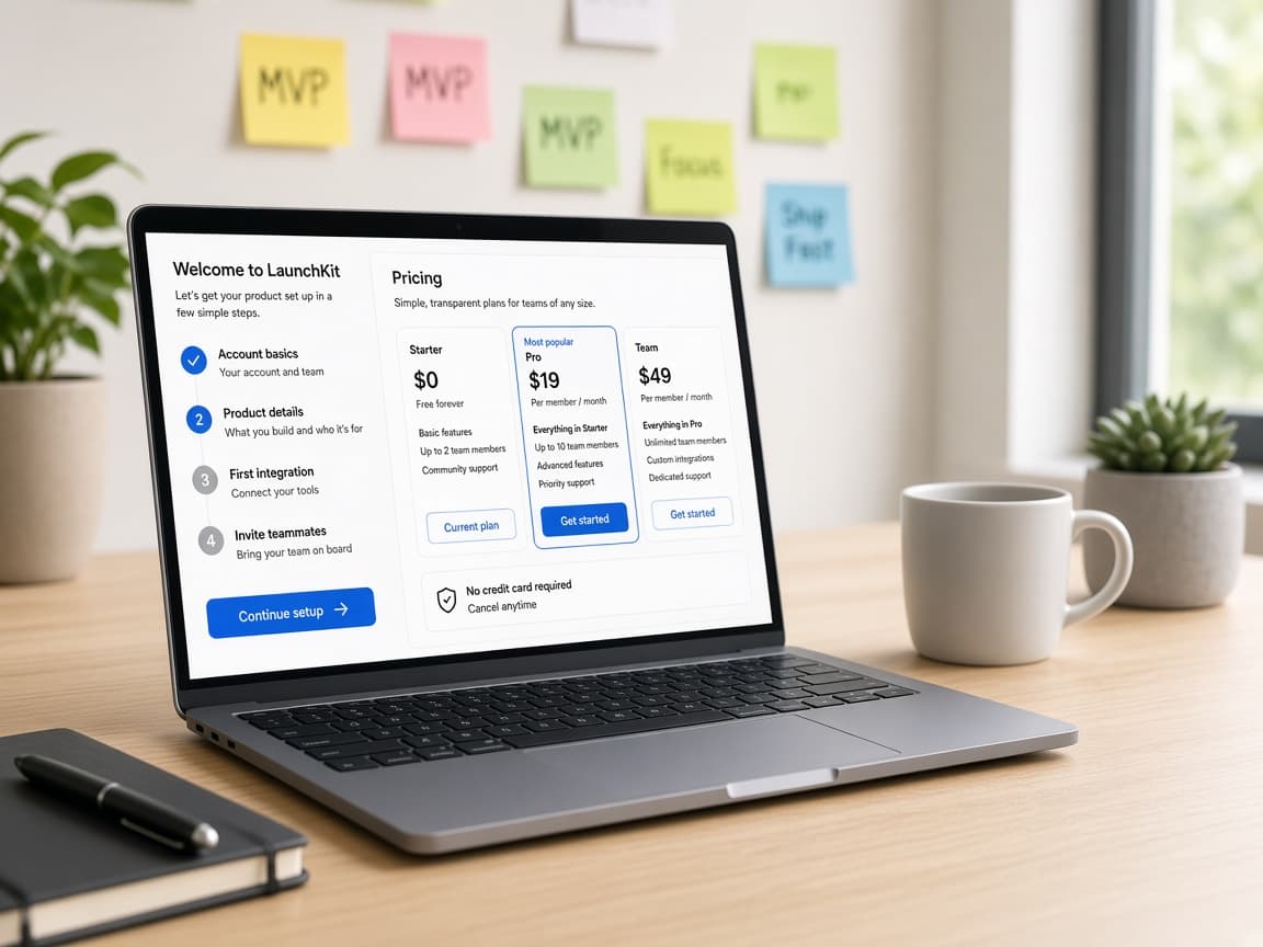 Startup desk laptop showing a simple SaaS onboarding and pricing dashboard
