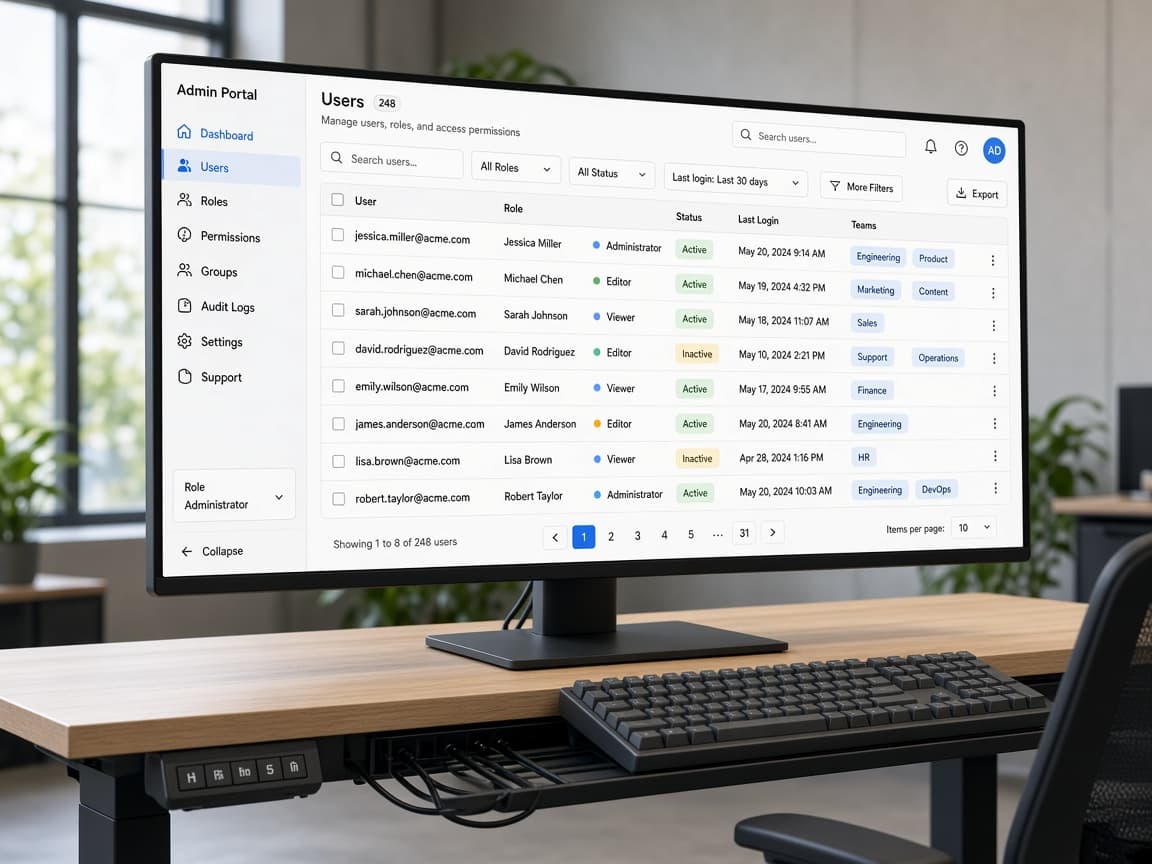 Ultrawide monitor on a standing desk showing a web admin portal with tables and filters