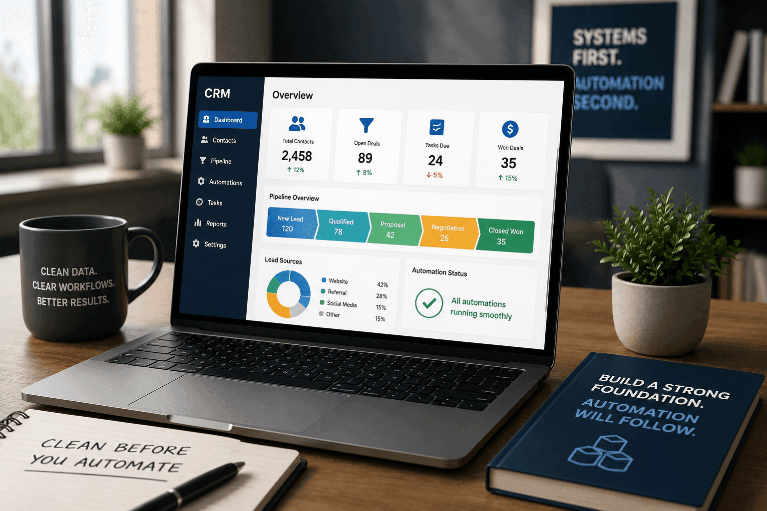 Minimal office desk with a laptop displaying CRM workflow dashboards in a modern workspace.